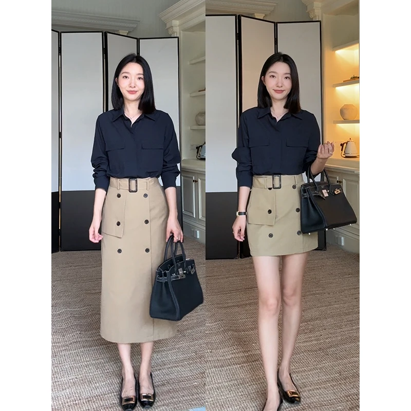 郭九九呢 100%棉气质简约宽松显瘦衬衫双排扣工装半裙 G925Z12757