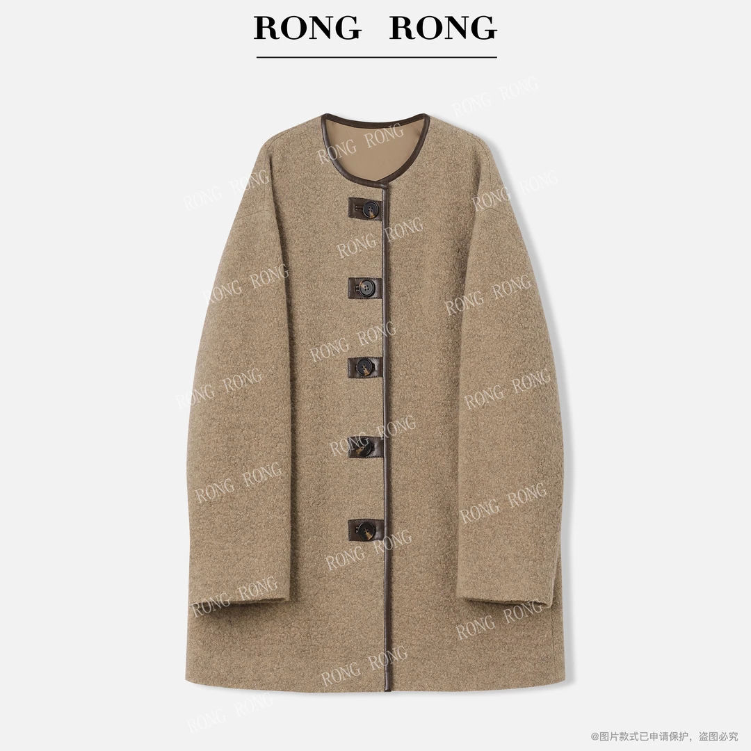 溶溶【暖茶日光】RONGRONG 绵羊毛混纺皮革拼接慵懒外套MZ-25DZW093