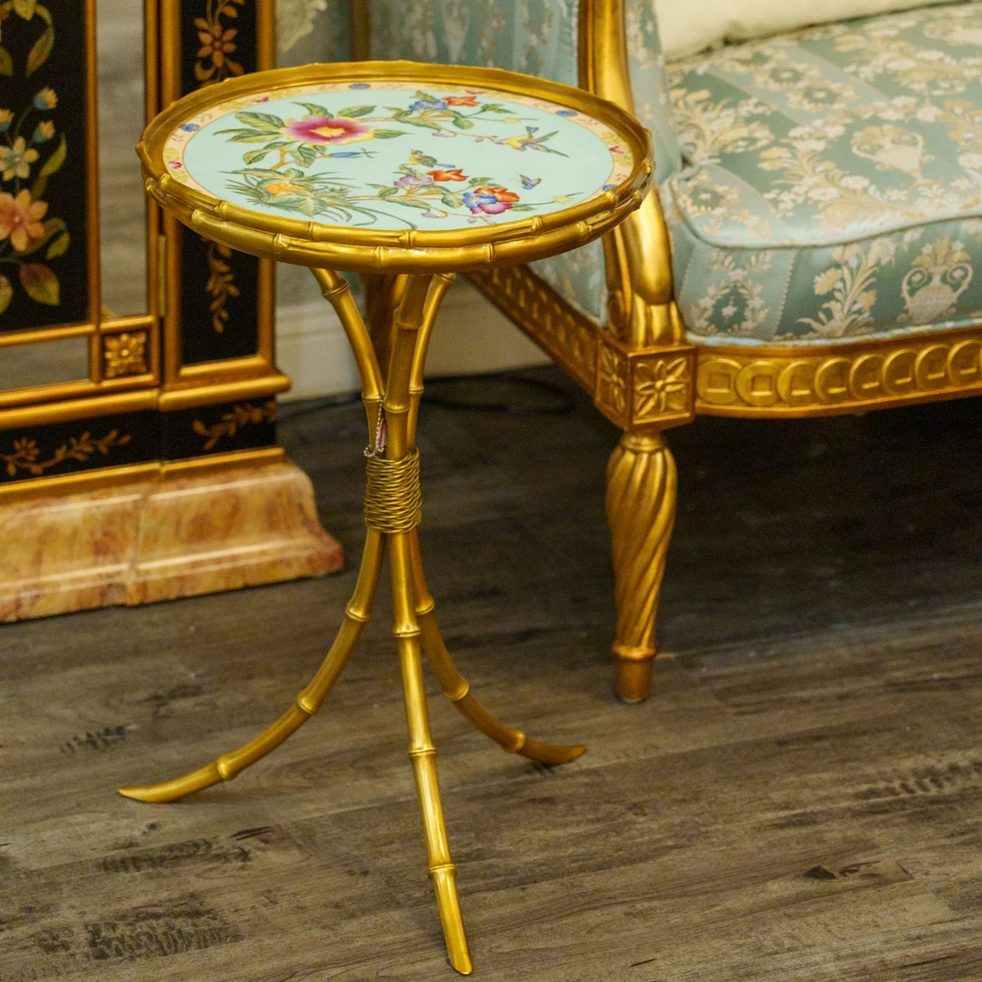 派力斯欧美风高档铜配木手工创意手绘高端家用边几咖啡桌双层圆几