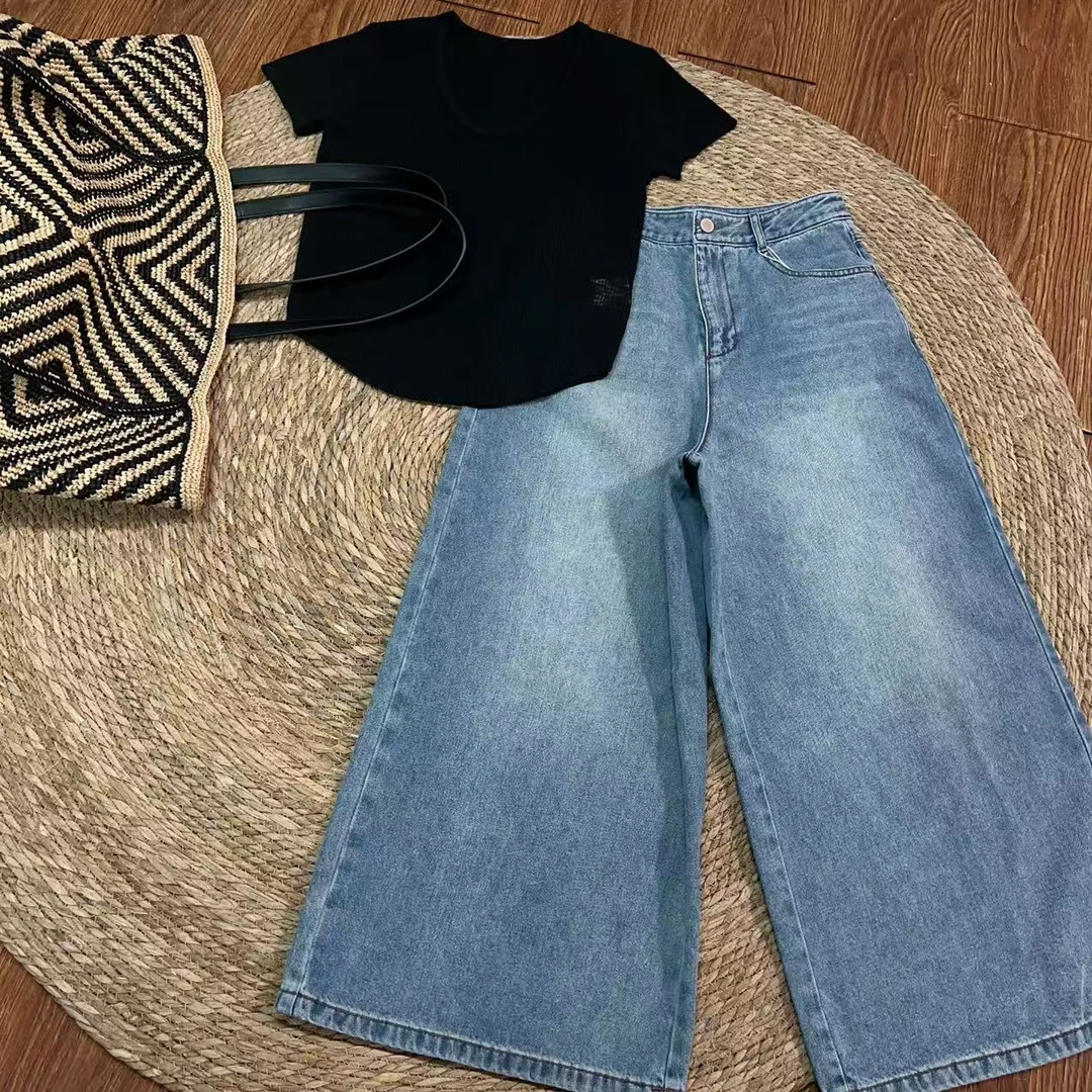 【那尚新品】简约经典阔腿九分牛仔裤