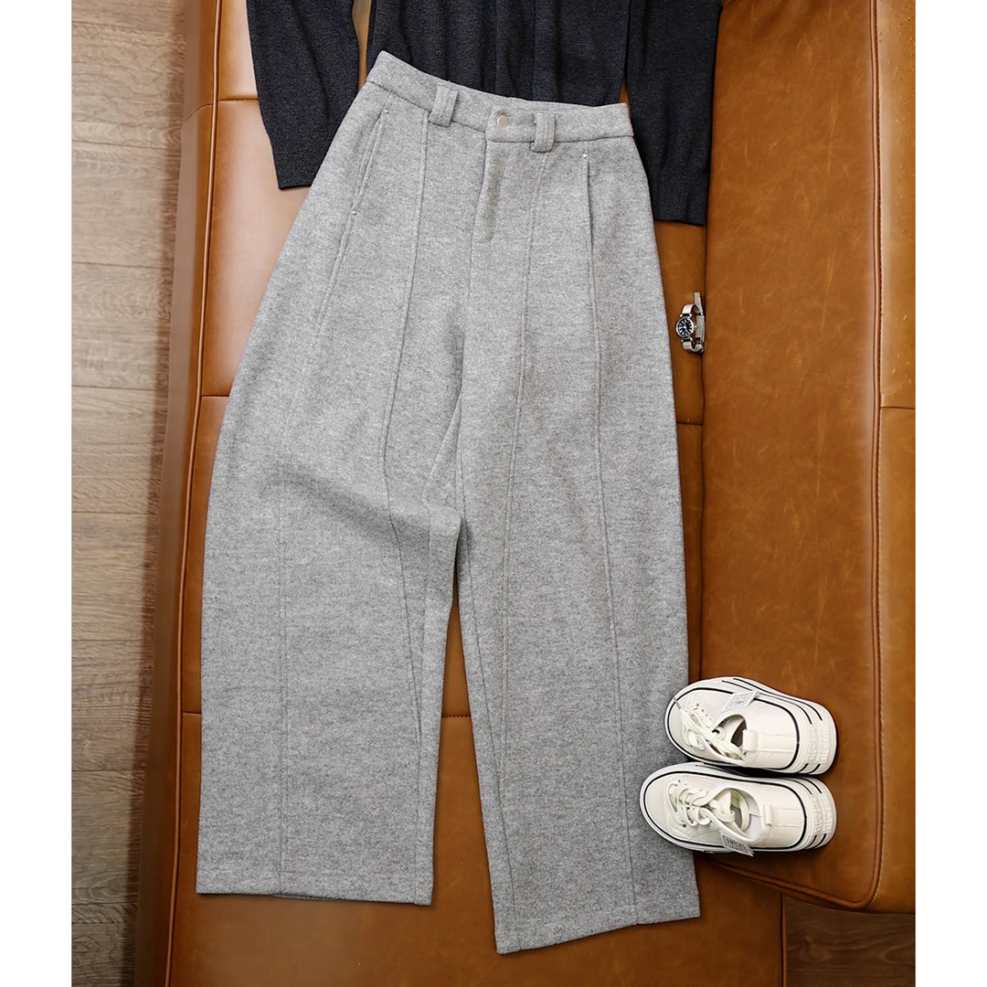 浅灰色羊毛裤窄版阔腿裤高腰秋冬复古老钱风毛呢裤女一条过冬2136