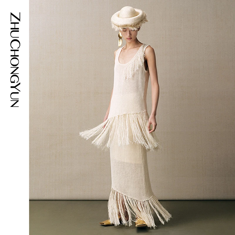 ZHUCHONGYUN2025夏新款手工流苏不规则亚麻针织直筒裙C1FZ2751M