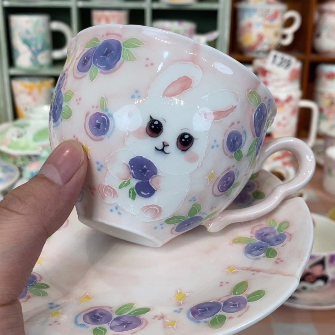 瓷片蓝莓兔子咖啡杯微瑕