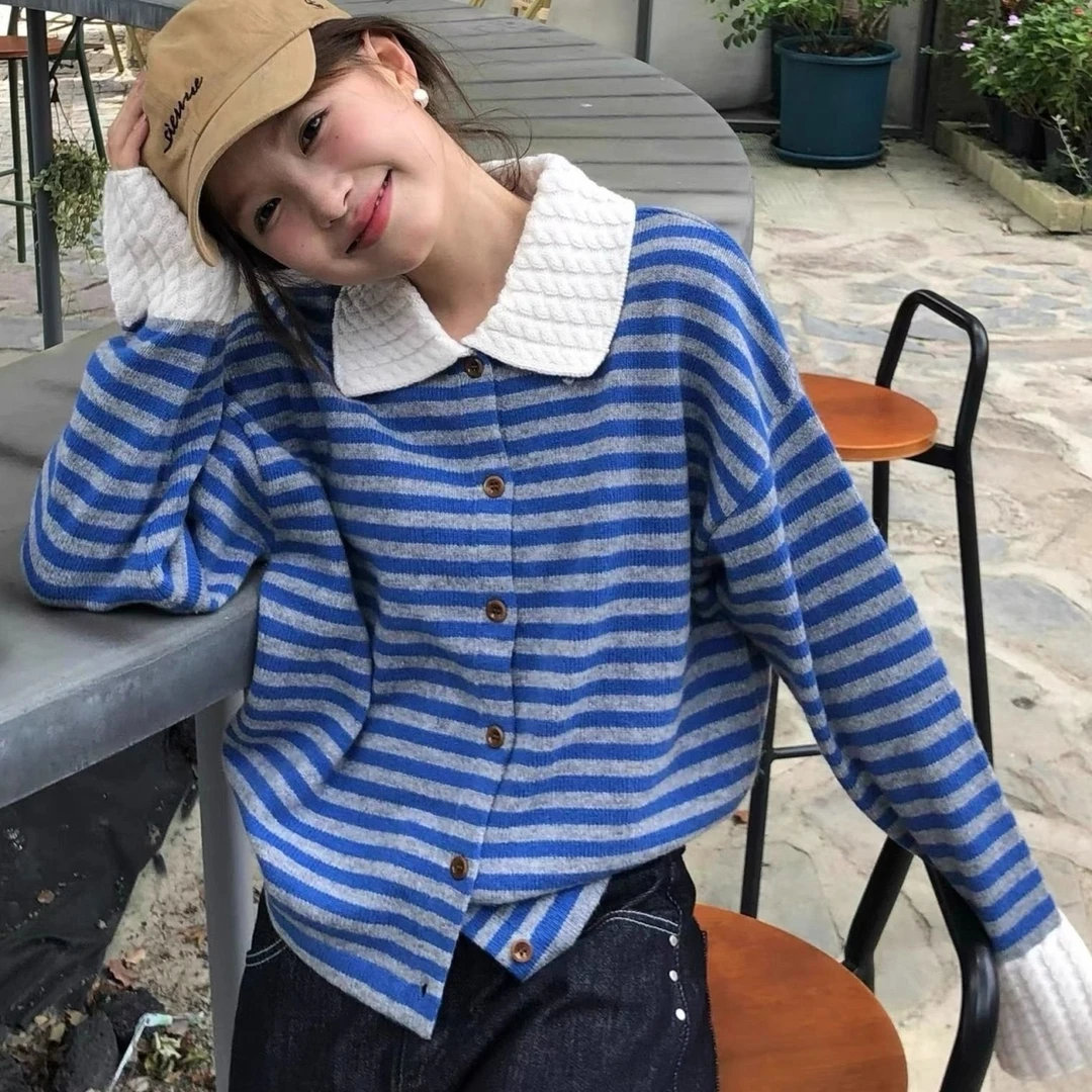 2025新款韩版宽松显瘦条纹POLO领长袖针织毛衣百搭休闲小个子上衣