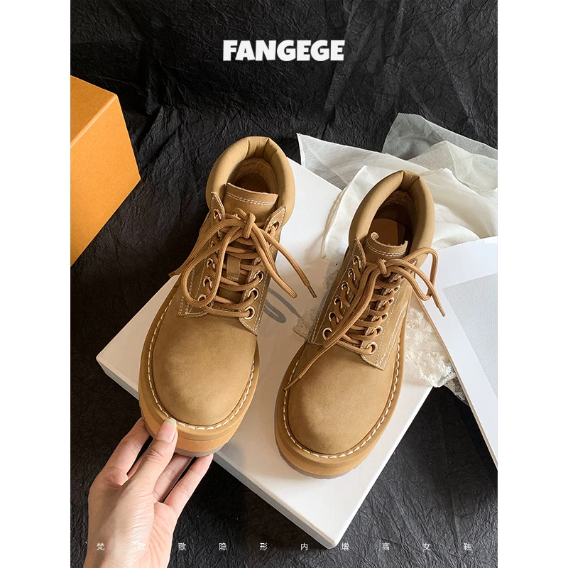 （现货/售罄不补）8cm踢不烂厚底女百搭大黄靴真皮马丁靴工装短靴