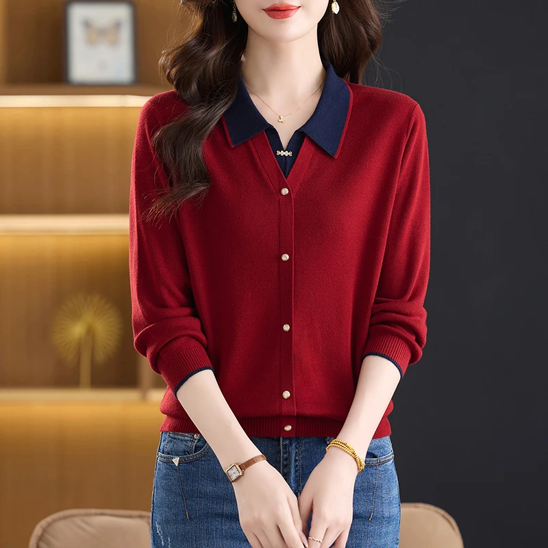 春秋妈妈针织上衣中老年假两件洋气大码新款女装休闲小衫翻领