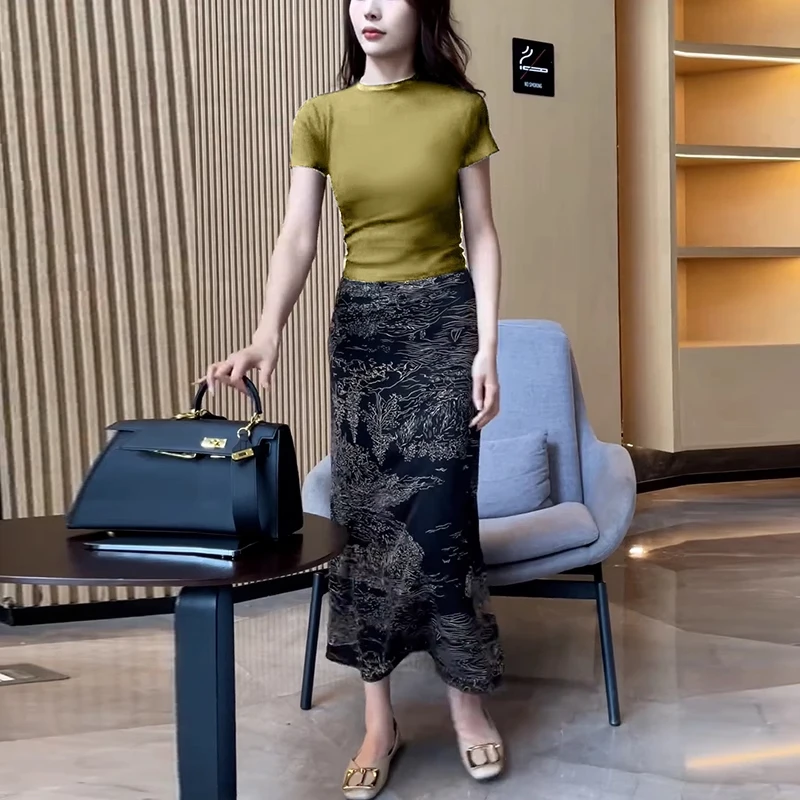 国风潮流复古套装女2025夏季新款纯色上衣印花半身裙简约风两件套