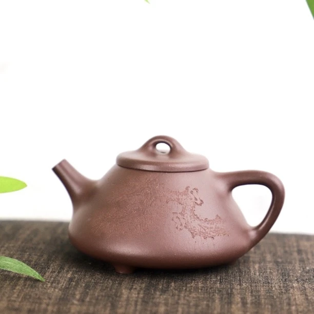 深井紫泥刻绘子冶石瓢170cc精工半手宜兴紫砂