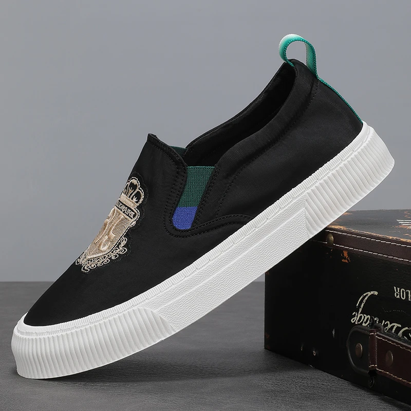 夏季轻奢手工男鞋透气厚款一脚蹬休闲鞋春季百搭纯色帆布鞋小白鞋