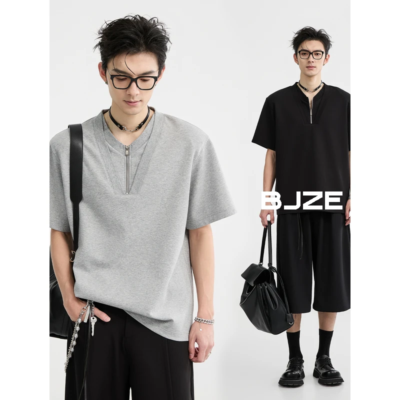 BJZE25短袖夏季拉链V领舒弹T恤休闲半袖男士纯色复古上衣T521243
