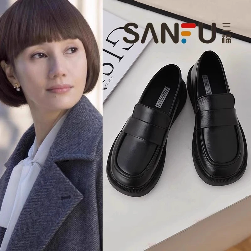 三福黑色平底小皮鞋女英伦风2025年春季新款一脚蹬乐福鞋软底单鞋