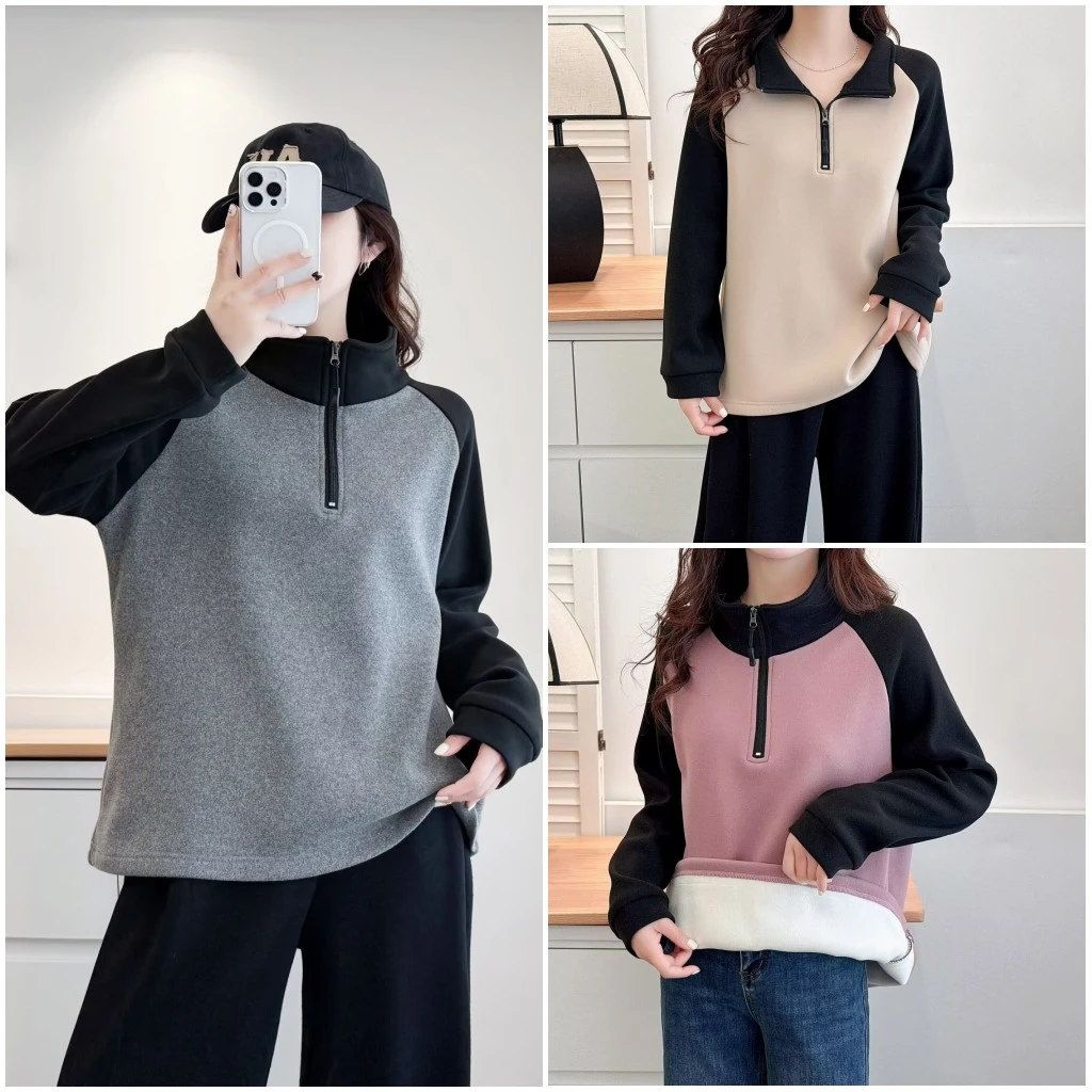大码胖mm洋气显瘦加绒保暖拉链半高领卫衣女冬季新款宽松百搭上衣