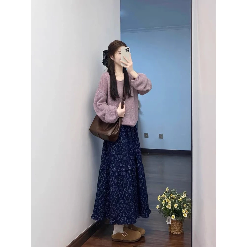 韩系温柔氛围感穿搭一整套女秋冬针织开衫毛衣碎花半身裙两件套装