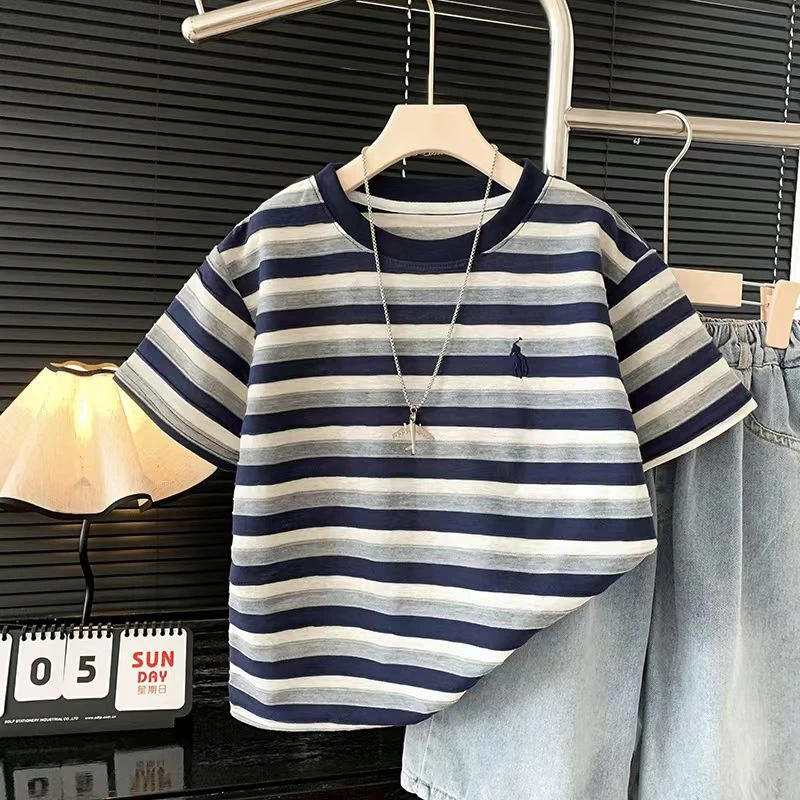 童装男童夏装T恤2025新款儿童夏季薄款条纹纯棉短袖男孩宽松帅气
