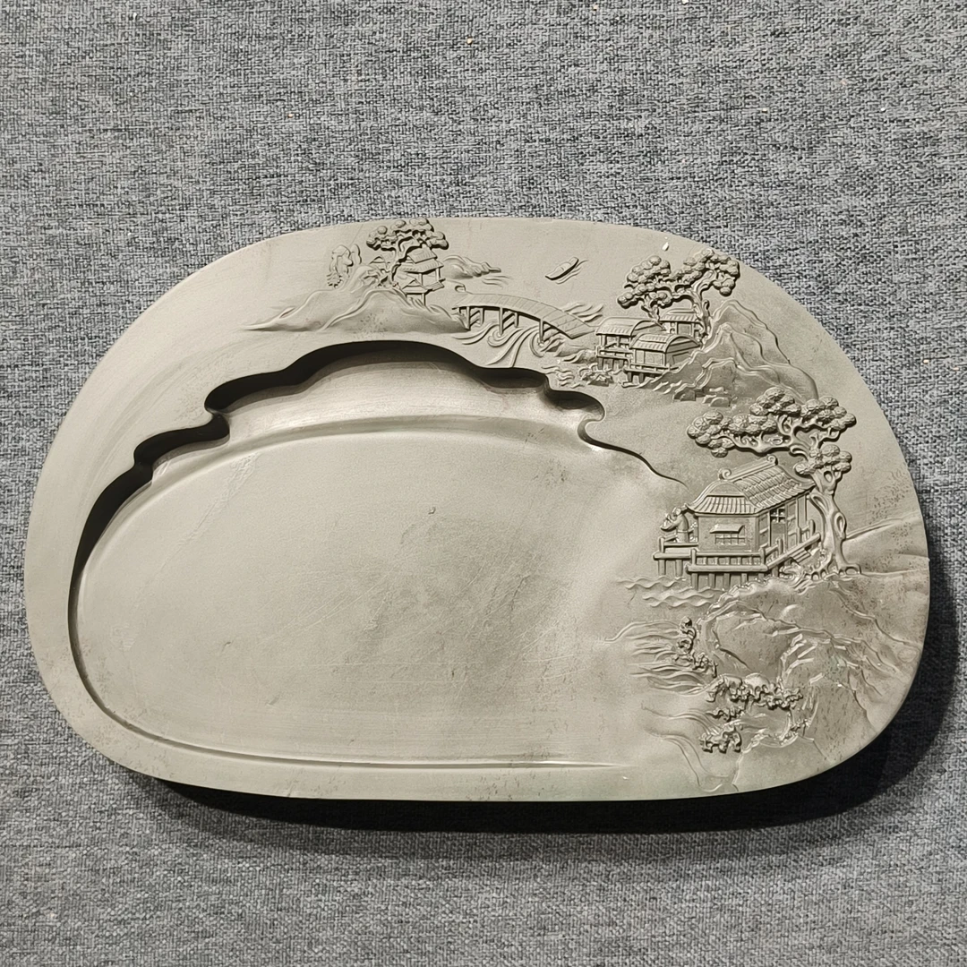 甘肃洮砚，西江双色亭台楼阁砚，尺寸24.4*15.9*3.1厘米