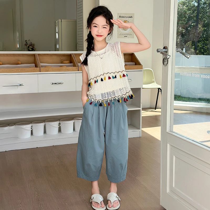 女童流苏镂空蕾丝背心套装时尚洋气夏装2025新款中大童两件套甜妹