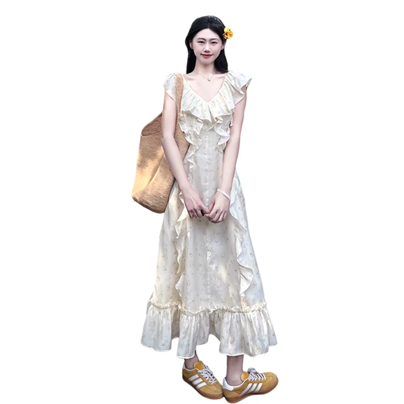 3364法式荷叶边碎花连衣裙子女2025新款夏季温柔独特漂亮显瘦长裙