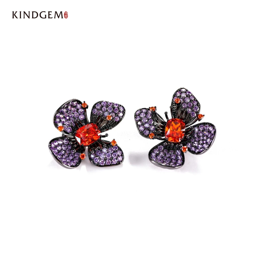 铜合金合成锆石耳饰 AT87XXJC-17338 紫色花朵百搭时尚耳环饰品