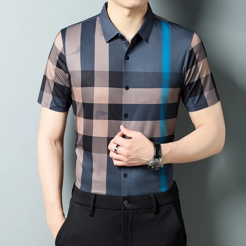 卡尔皮诺夏季男士男装短袖时尚短袖衬衫格子修身潮流网红衬衫男