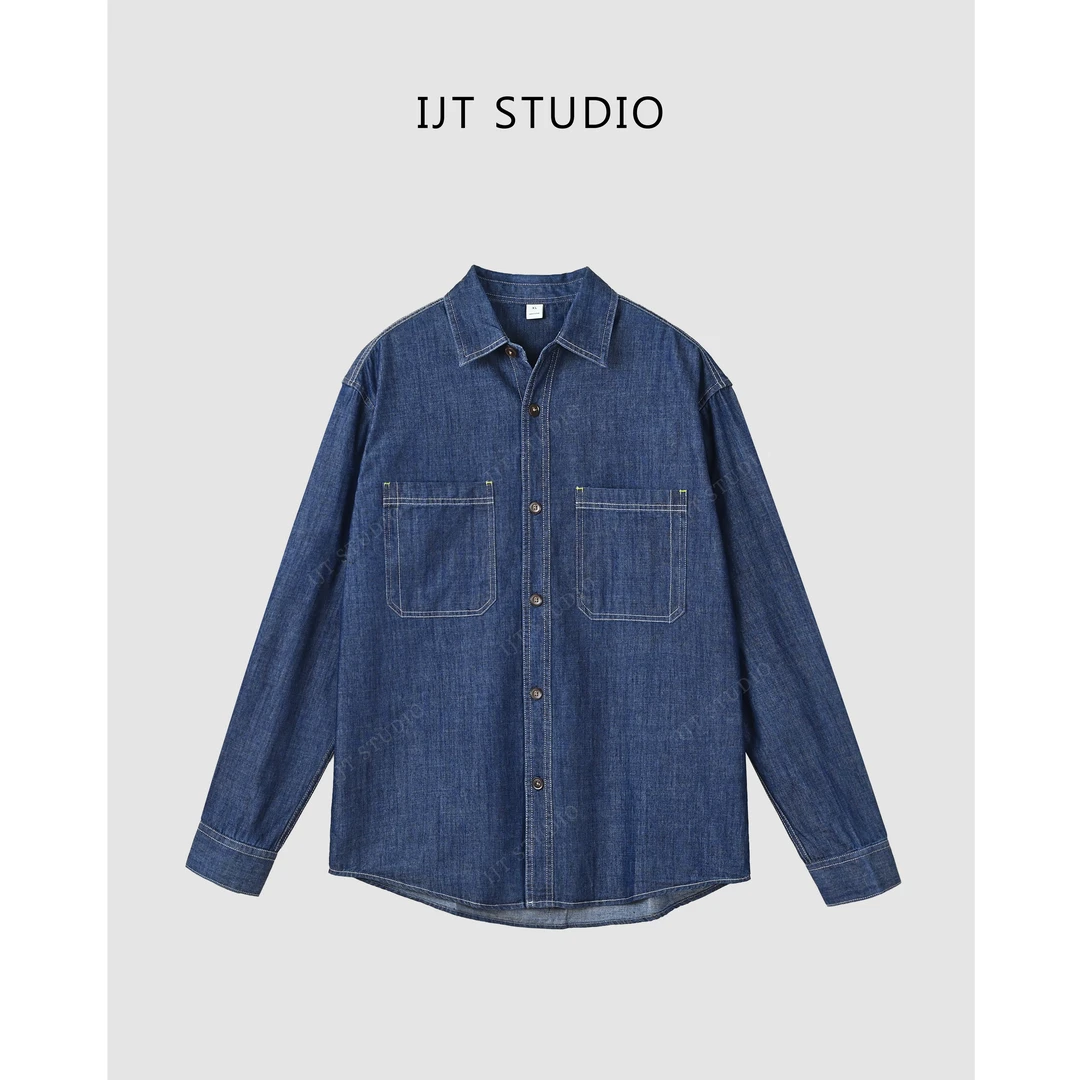 IJT studio新春款口袋明线复古水洗牛仔翻领衬衣2414