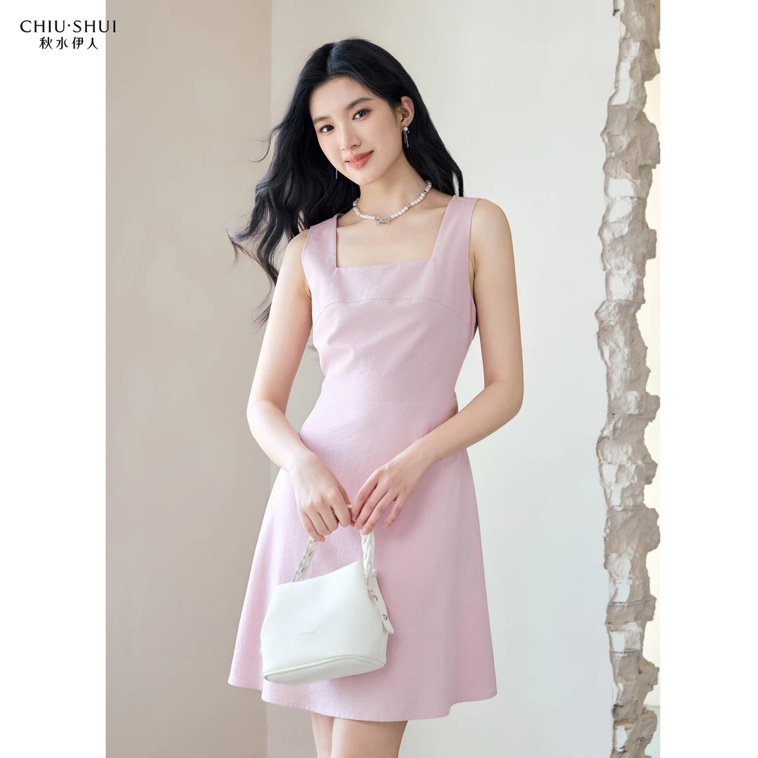 秋水伊人简约裙子2025年夏季新款法式方领连衣裙625242M020577