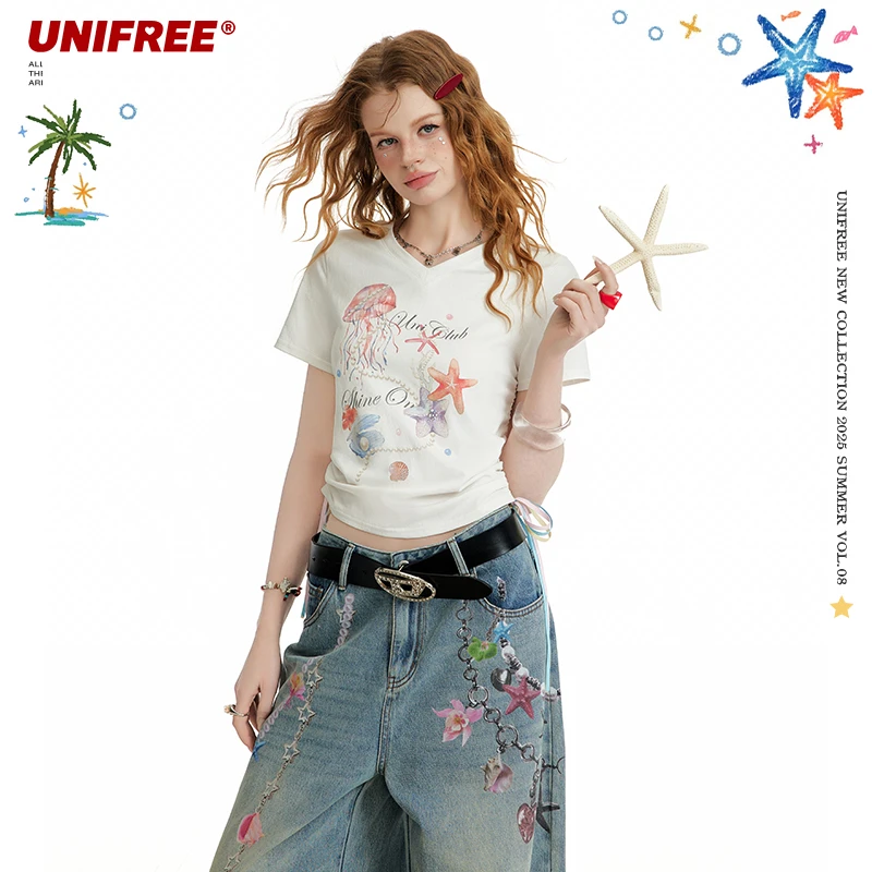 UNIFREE辣妹风海洋印花时尚别致夏季短袖T恤U252G603P1G1