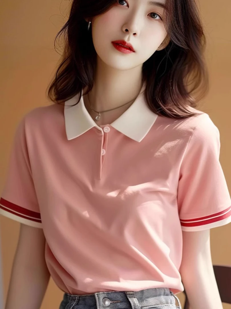 粉色POLO衫t恤女2025新款夏季甜美上衣洋气减龄撞色翻领短袖体恤