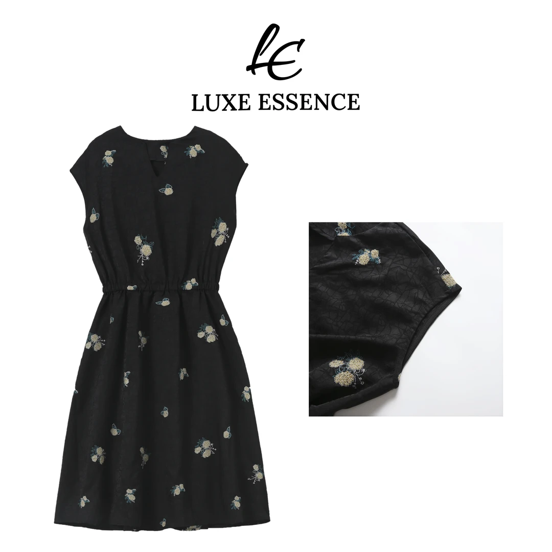 {莫奈花园}香云纱夏日桑蚕丝龟裂纹绣球花刺绣连衣裙