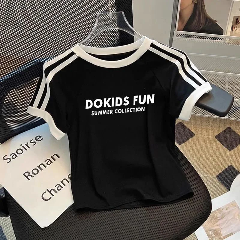 纯棉儿童夏季韩版修身短款吸汗复古杠条插肩女童女孩夏装上衣洋气