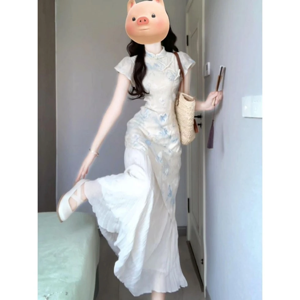 画报夫人新中式国风印花假两件连衣裙旗袍改良轻款少女裙子漂亮独