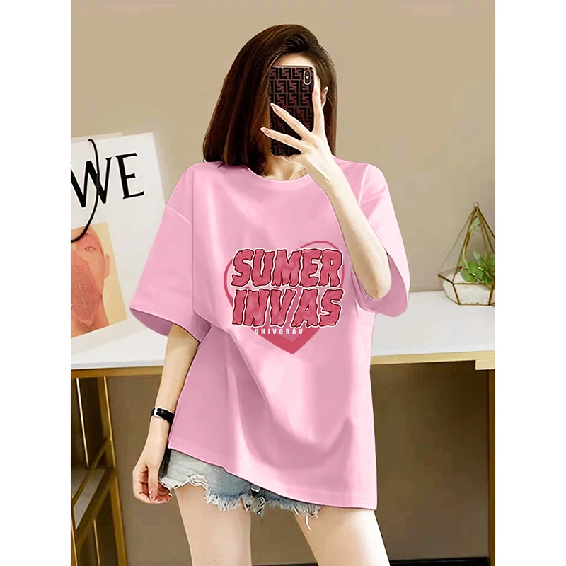 mnmf时尚减龄纯棉爱心短袖t恤女洋气时髦百搭宽松粉色大码女装