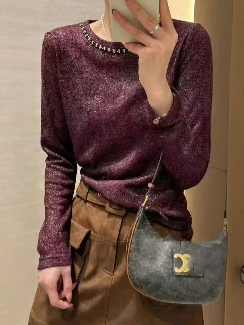 圆领钉珠亮丝底衫女2025冬季新款长袖百搭气质上衣T恤潮A4-10