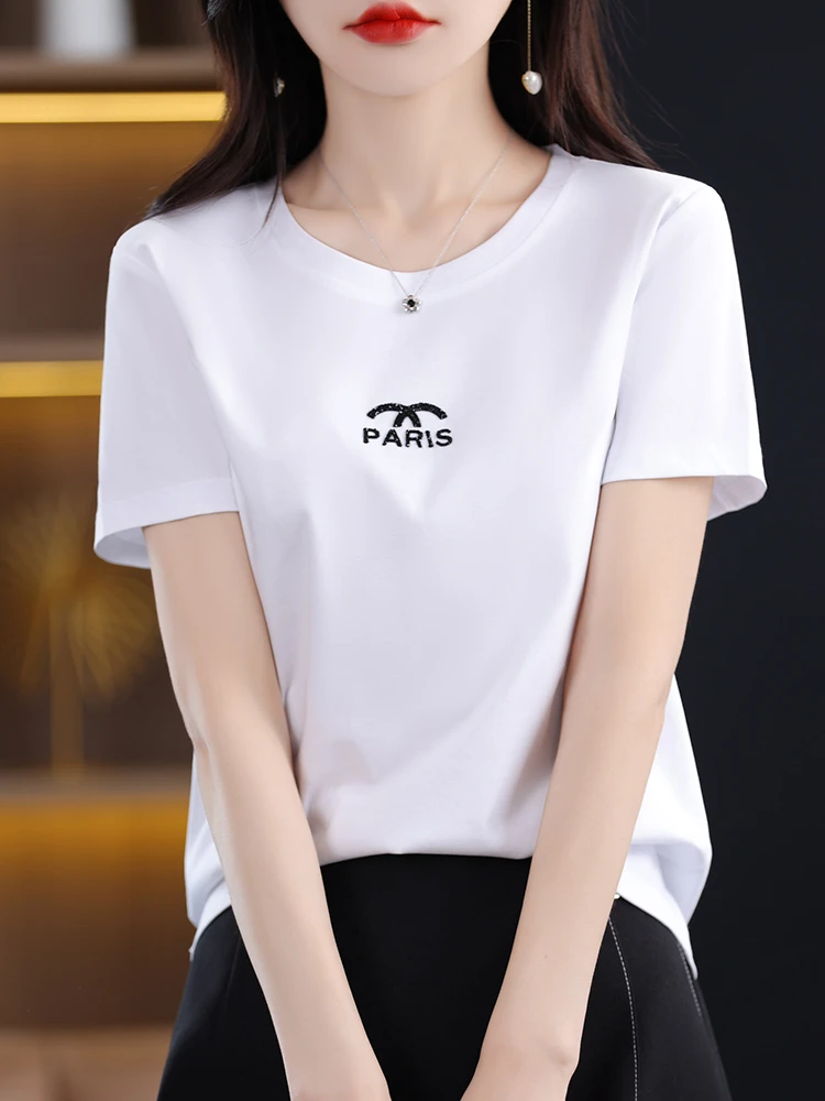 【好店合集】80支丝光棉烫钻短袖上衣时尚百搭夏季圆领洋气小众纯色