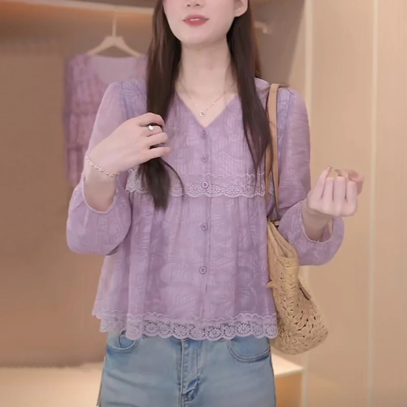 碎花蕾丝镂空衬衫女2025夏季洋气减龄宽松显瘦高级感休闲气质上衣