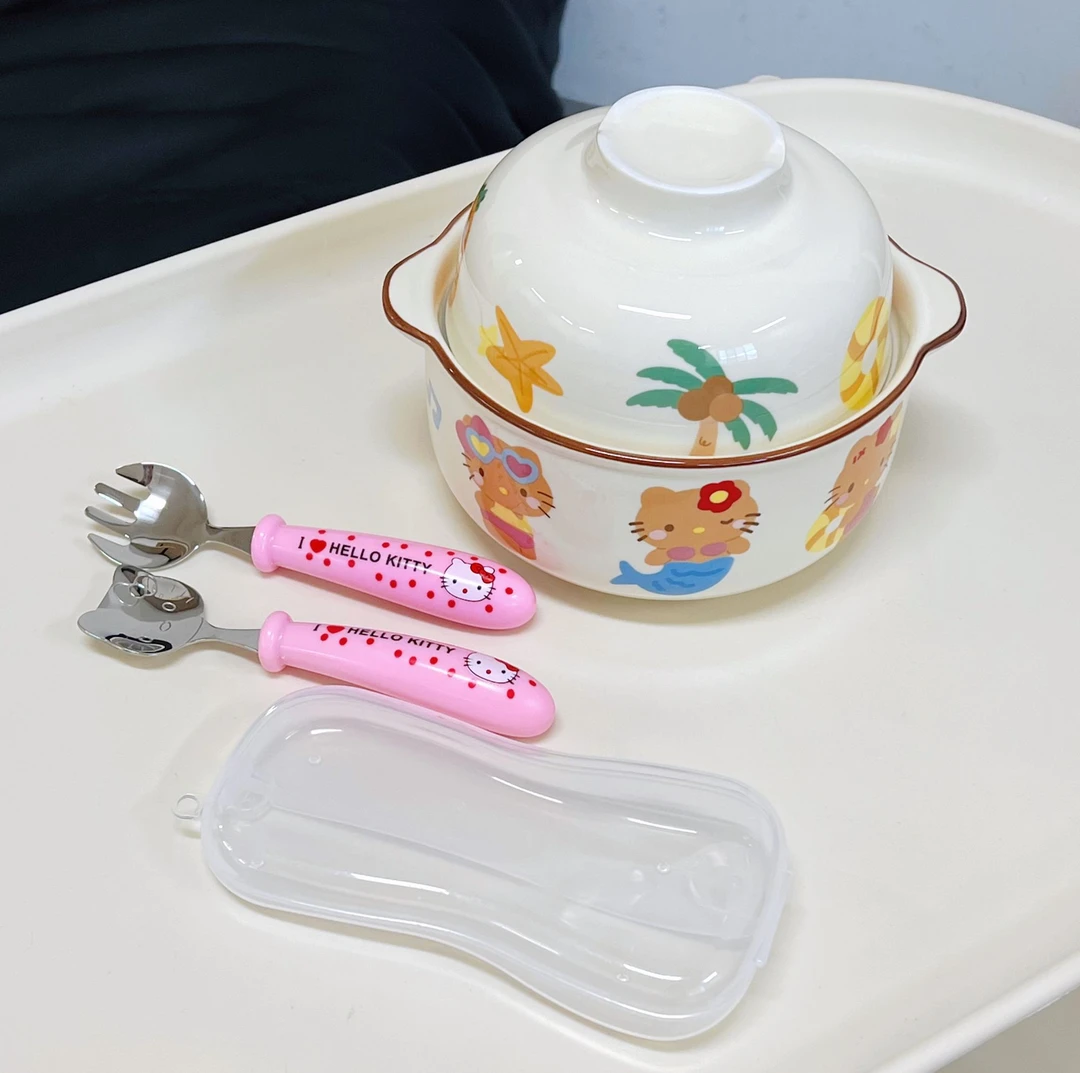 出口尾单 可爱卡通带盖泡面碗带勺子叉子陶瓷螺蛳粉碗