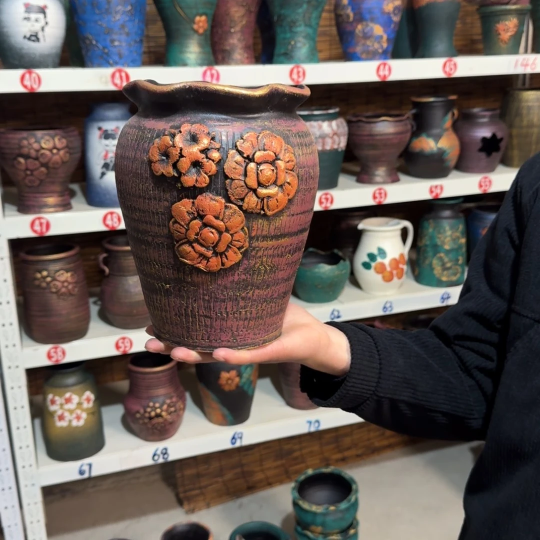 红陶红陶浮雕花盆炸炸炸