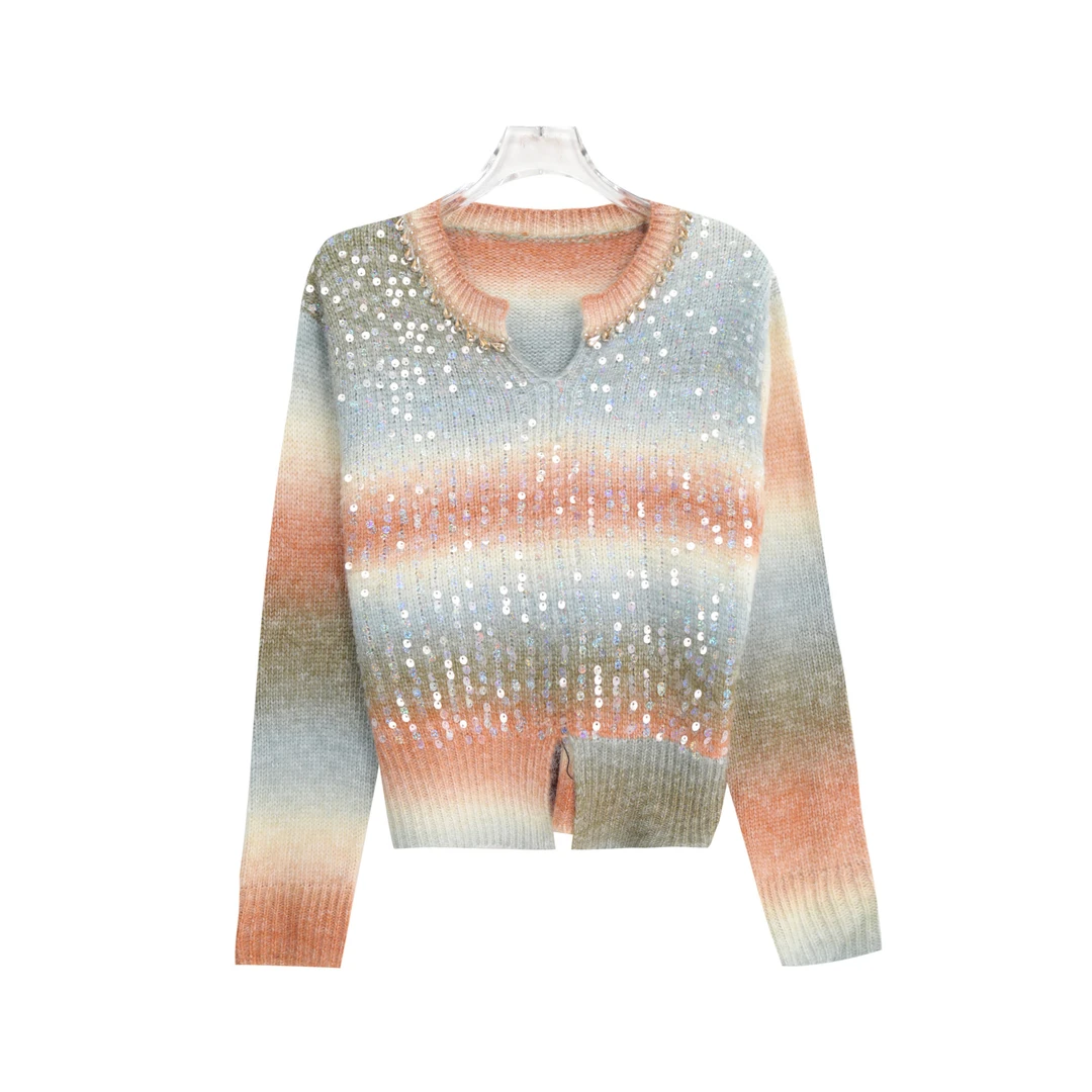 氛围感渐变亮片V领烫钻慵懒风长袖针织衫X27306