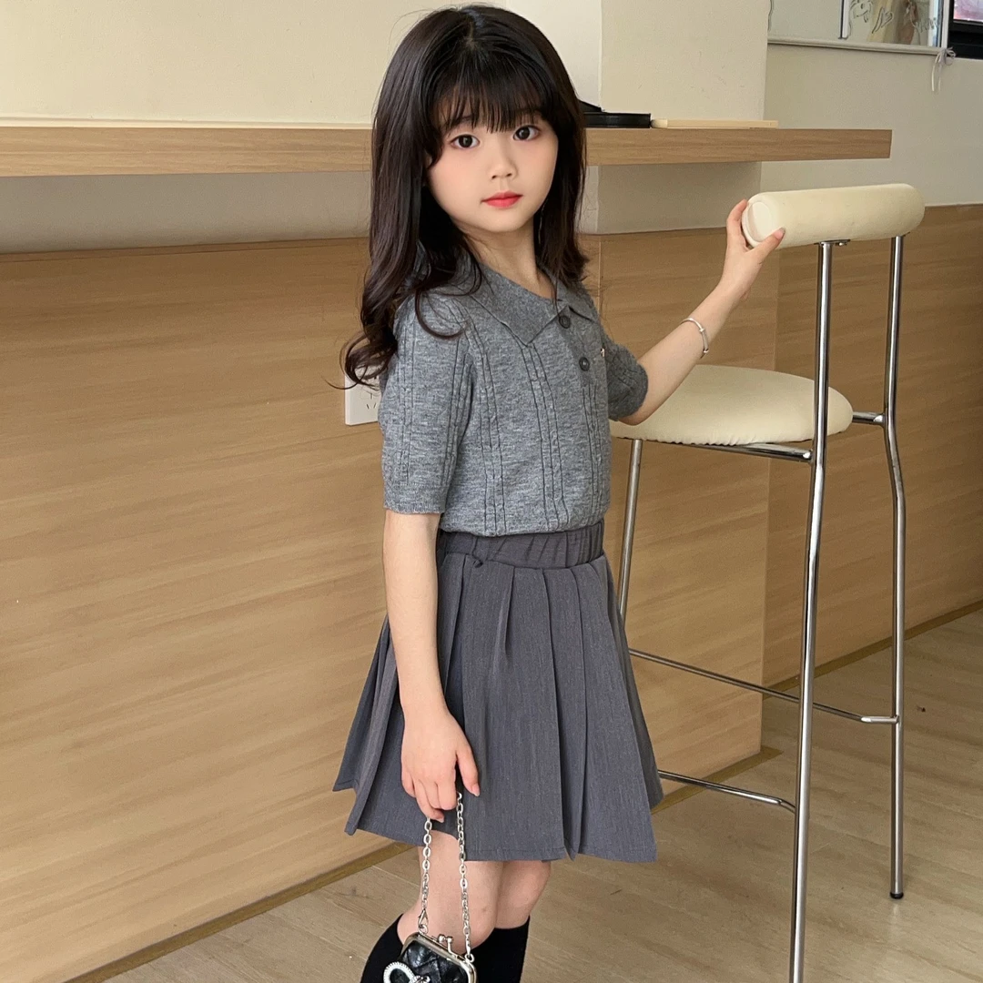 女童套装韩版学院风夏季女宝宝洋气针织短袖POLO衫百褶短裙子夏装