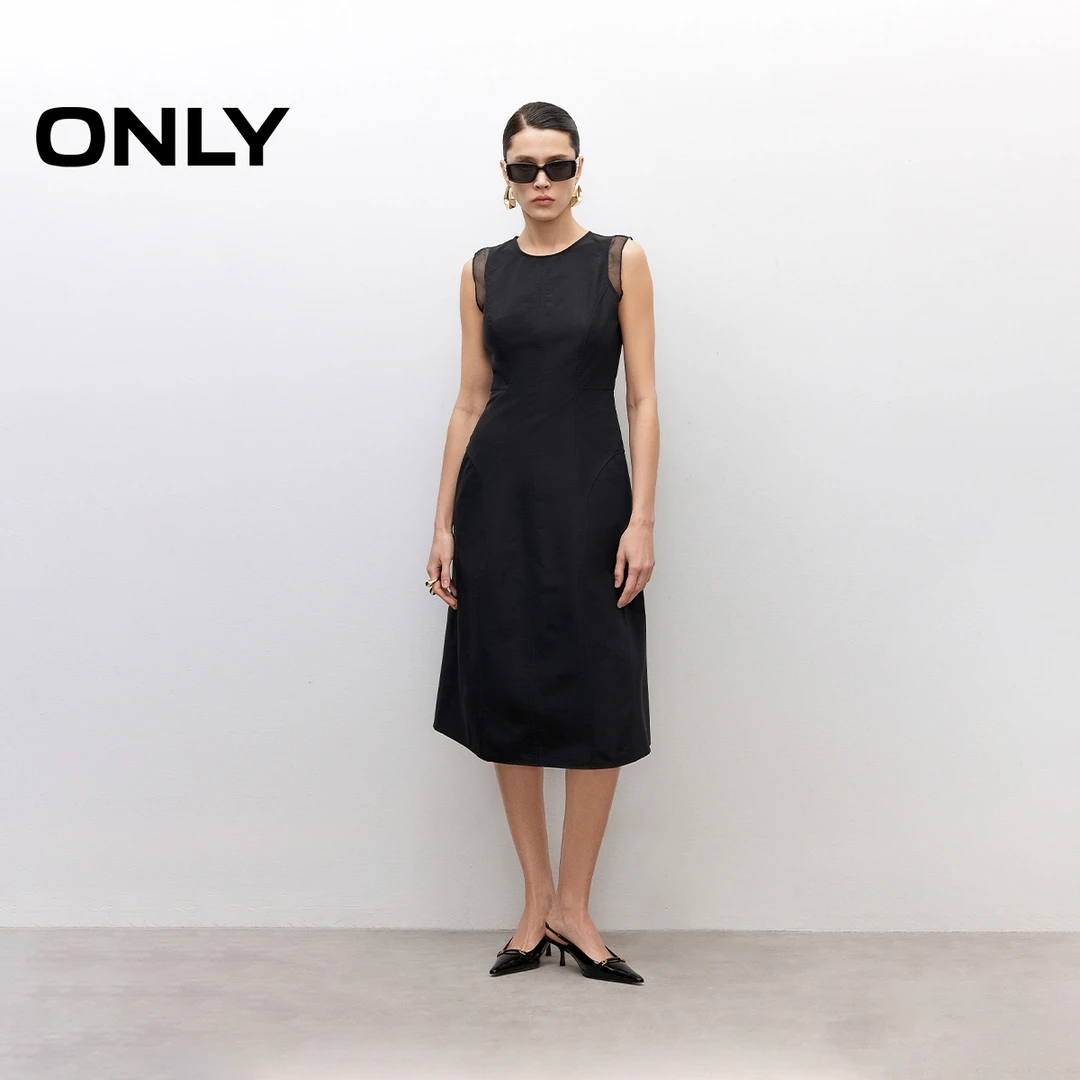 ONLY2025夏季新款无袖纯色A字露腰绑带中长裙连衣裙女|125207003