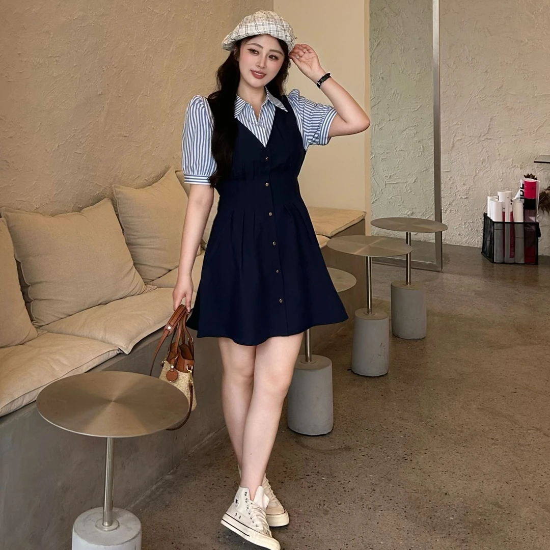 晶咕 白标专供两个版本拼接条纹连衣裙