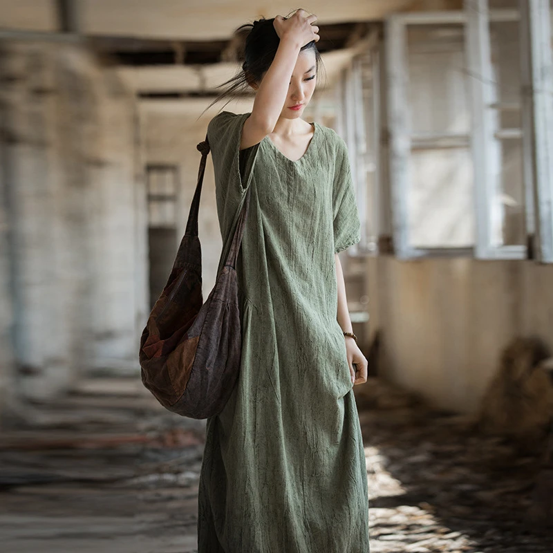 2025夏季苎麻棉薄款扎染原创新中式长裙居家旅游文艺范女式连衣裙
