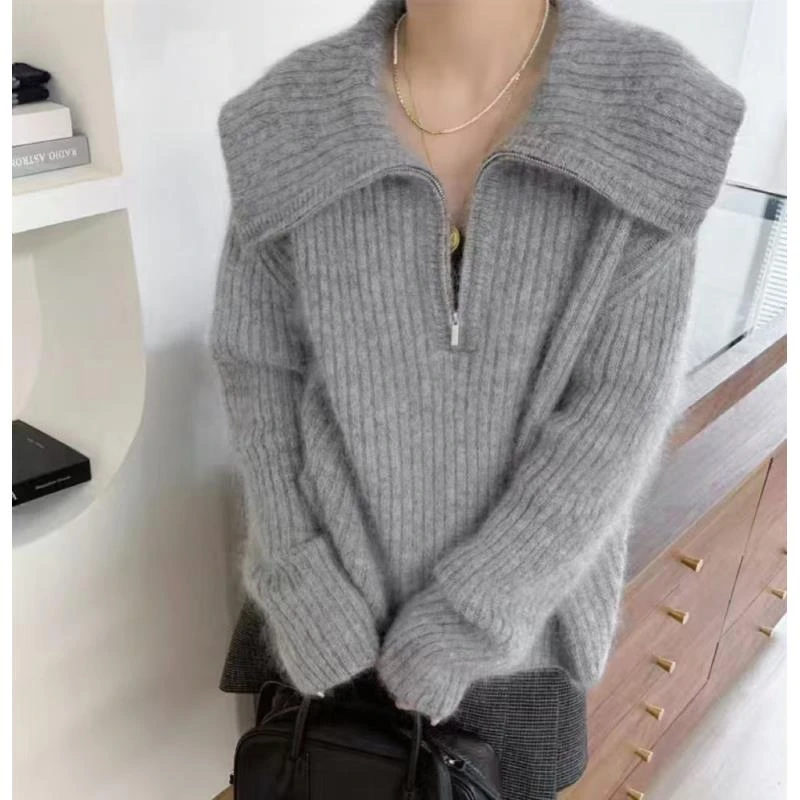 设计师新品大翻领宽松韩版针织套头娃娃领毛衣女