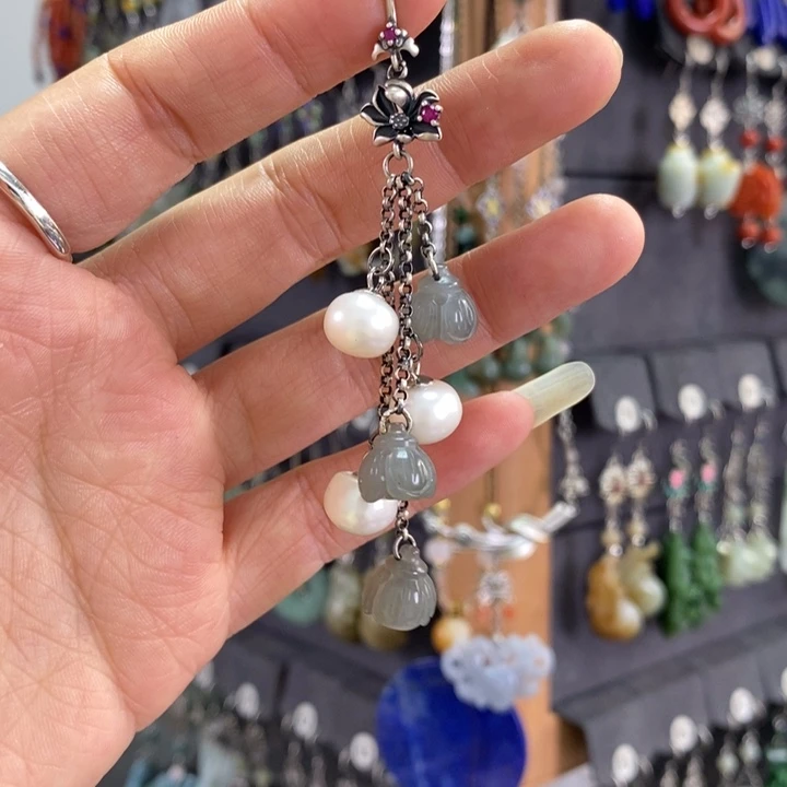 和田玉耳饰银S925镶嵌“****月X37