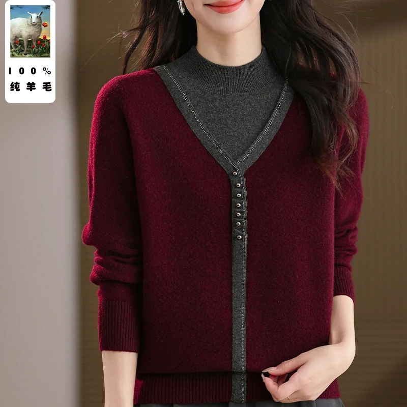 高档妈妈秋冬假两件100%纯羊毛保暖毛衣内搭中老年半高领打底衫女