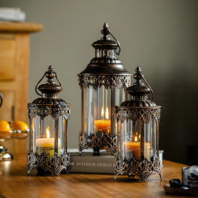掬涵欧式复古铁艺烛台摆件户外玻璃灯落地防风灯浪漫烛光晚餐道具