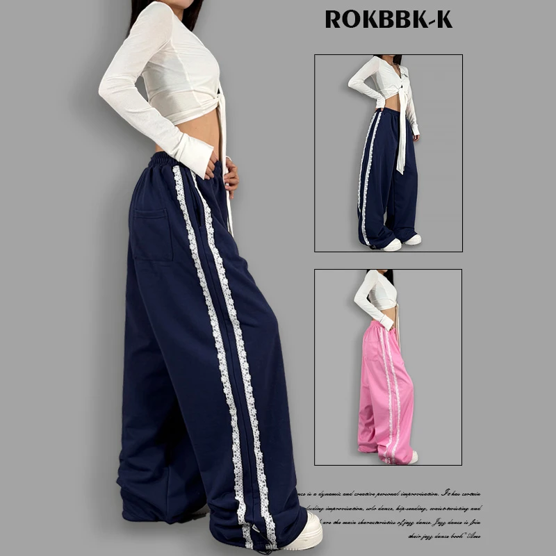 ROKBBK－K/布韩复古运动风阔腿裤女蕾丝边宽松休闲裤街舞潮牌