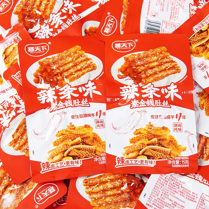 菩天下休闲魔芋爽辣条味新品素金钱肚丝年货零食
