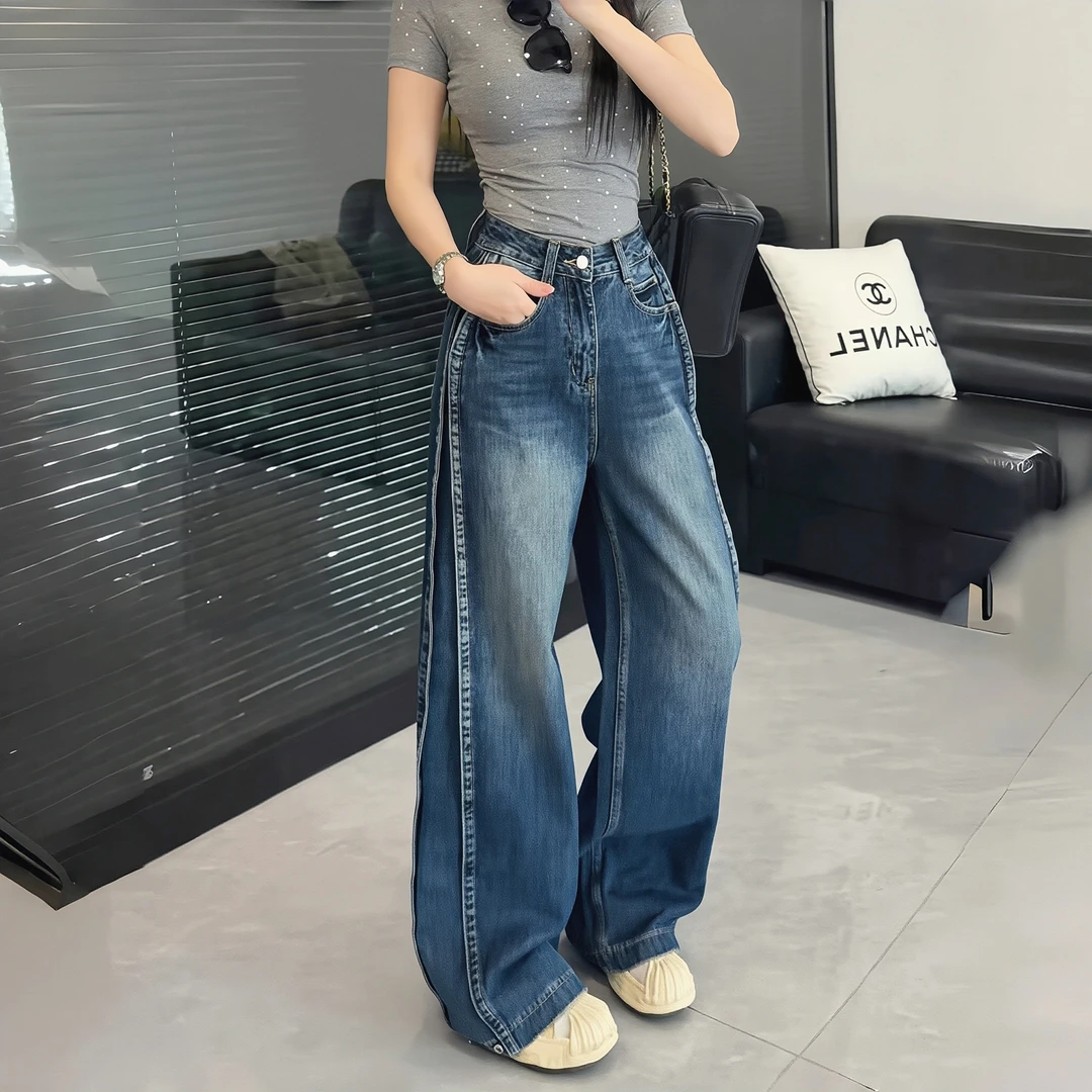 美式复古水洗阔腿牛仔裤女裤秋装宽松新款显瘦气质直筒拖地裤子