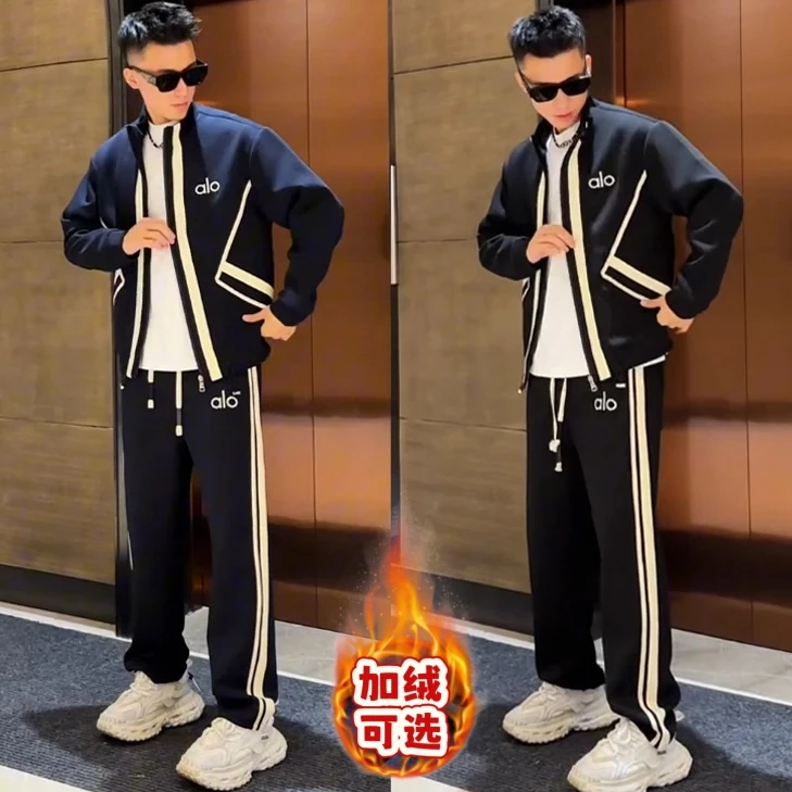 2025秋冬潮男休闲运动套装撞色条纹宽松显瘦加绒加厚时尚套装男
