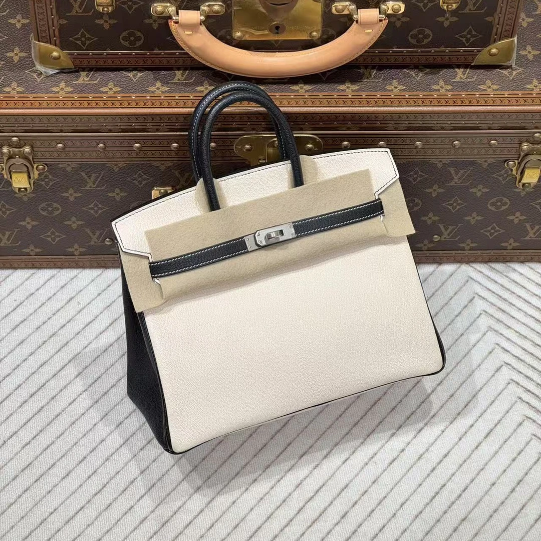未使用 Hermes/爱马仕 lina/w刻熊猫拼色birkin25包/铂金包